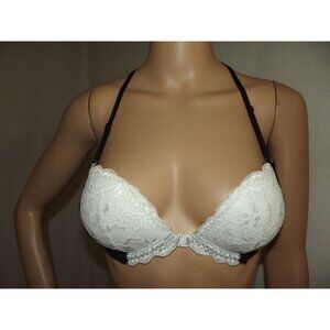 Victoria's Secret PINK Bra 34C black white lace Date Racerback push up front